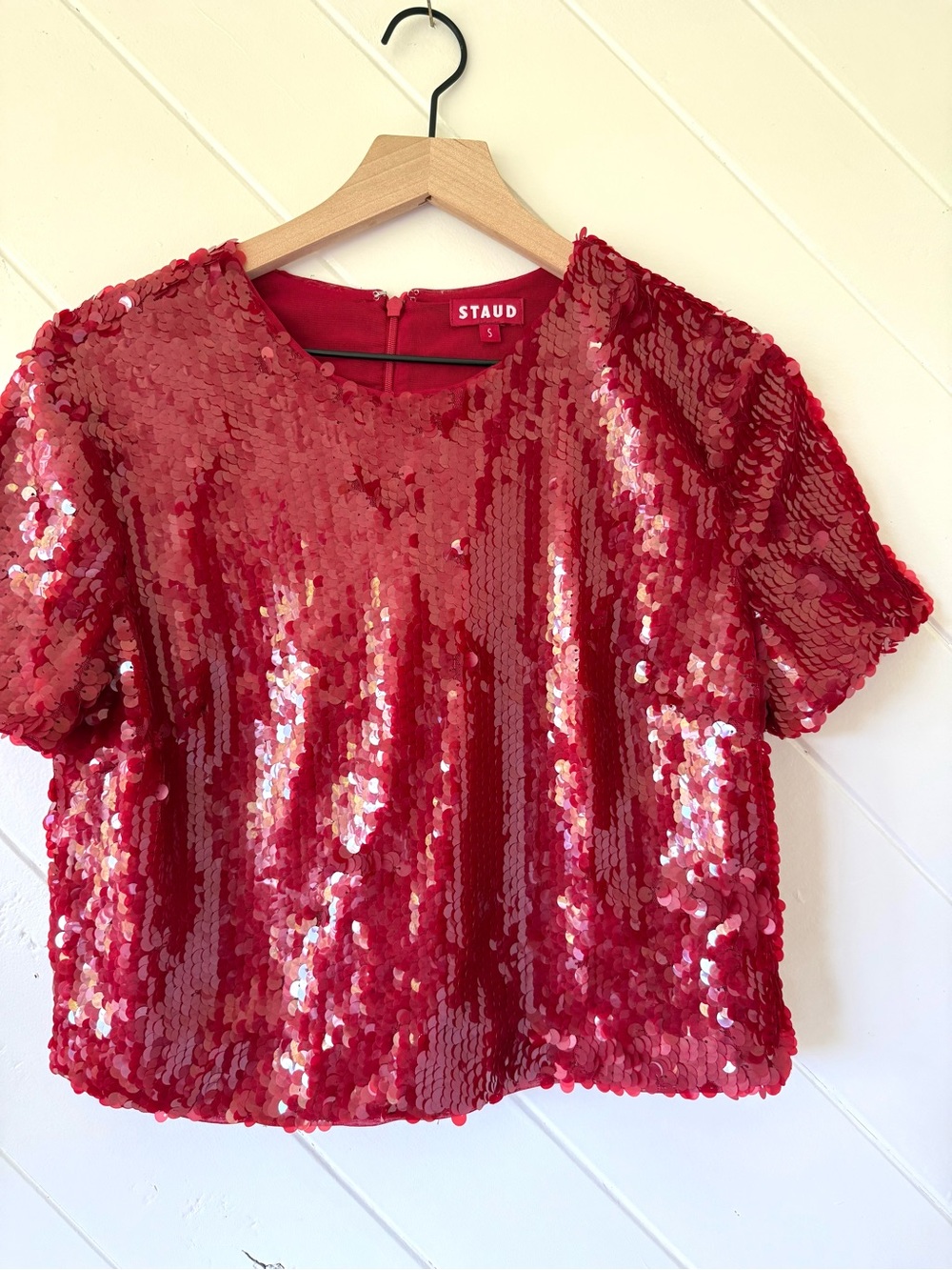 STAUD red sequin cropped top